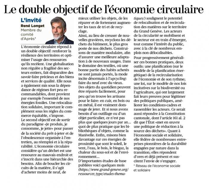 Le double objectif de l'économie circulaire  - article de la Tribune de  Genève