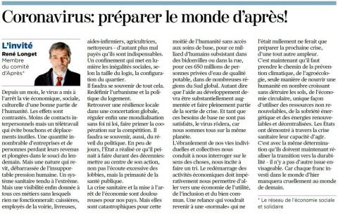 "Coronavirus : Préparer le monde d'Après" - Article de René Longet