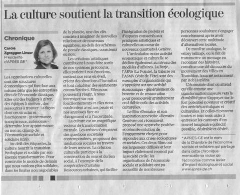 "La culture nourrit la transition écologique et sociale" - Article de Carole Zgraggen